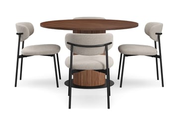 Noira Lite Rundt Spisebord Valnøtt 120 cm med 4 Lucy Spisestoler - Brun / Greige Bouclé / Metallben Svart - Møbler - Bord - Spisegruppe