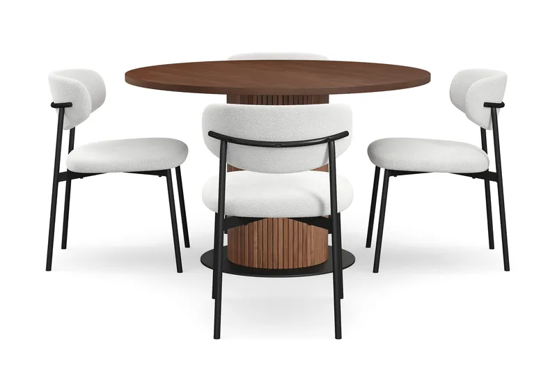 Noira Lite Rundt Spisebord Valnøtt 120 cm med 4 Lucy Spisestoler - Brun / Hvit Bouclé / Metallben Svart - Møbler - Bord - Spisegruppe