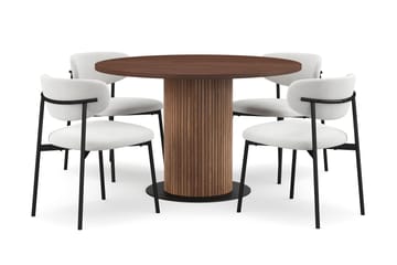 Noira Lite Rundt Spisebord Valnøtt 120 cm med 4 Lucy Spisestoler - Brun / Hvit Bouclé / Metallben Svart - Møbler - Bord - Spisegruppe