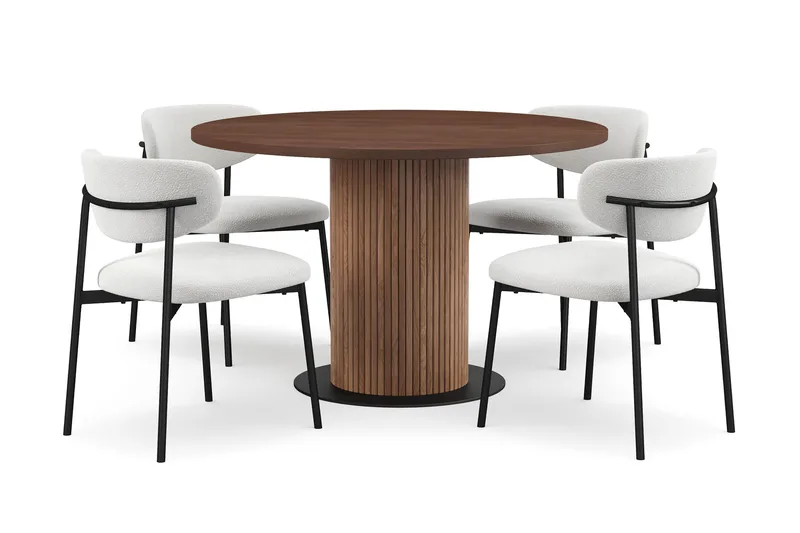 Noira Lite Rundt Spisebord Valnøtt 120 cm med 4 Lucy Spisestoler, Brun / Hvit Bouclé / Metallben Svart