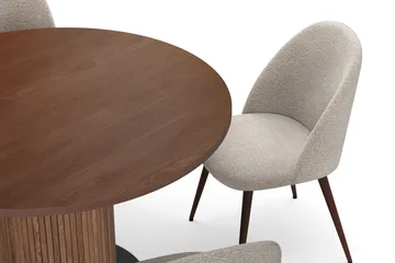 Noira Lite Rundt Spisebord Valnøtt 120 cm med 4 Nibe Plus Spisestoler - Brun / Greige Bouclé / Metallben Valnøtt - Møbler - Bord - Spisegruppe