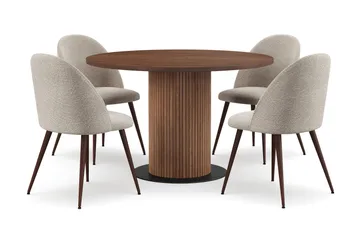 Noira Lite Rundt Spisebord Valnøtt 120 cm med 4 Nibe Plus Spisestoler - Brun / Greige Bouclé / Metallben Valnøtt - Møbler - Bord - Spisegruppe