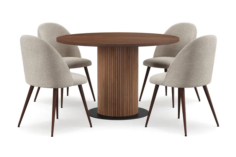 Noira Lite Rundt Spisebord Valnøtt 120 cm med 4 Nibe Plus Spisestoler, Brun / Greige Bouclé / Metallben Valnøtt