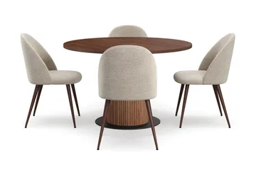 Noira Lite Rundt Spisebord Valnøtt 120 cm med 4 Nibe Plus Spisestoler - Brun / Greige Bouclé / Metallben Valnøtt - Møbler - Bord - Spisegruppe