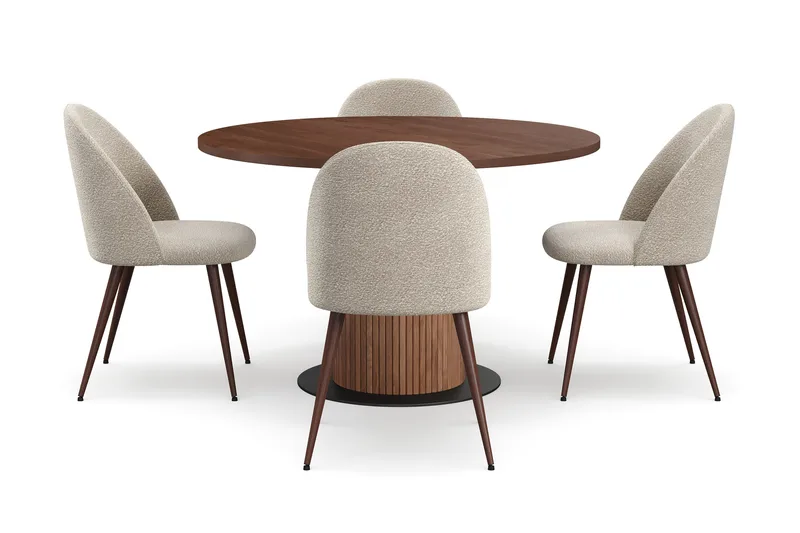 Noira Lite Rundt Spisebord Valnøtt 120 cm med 4 Nibe Plus Spisestoler - Brun / Greige Bouclé / Metallben Valnøtt - Møbler - Bord - Spisegruppe
