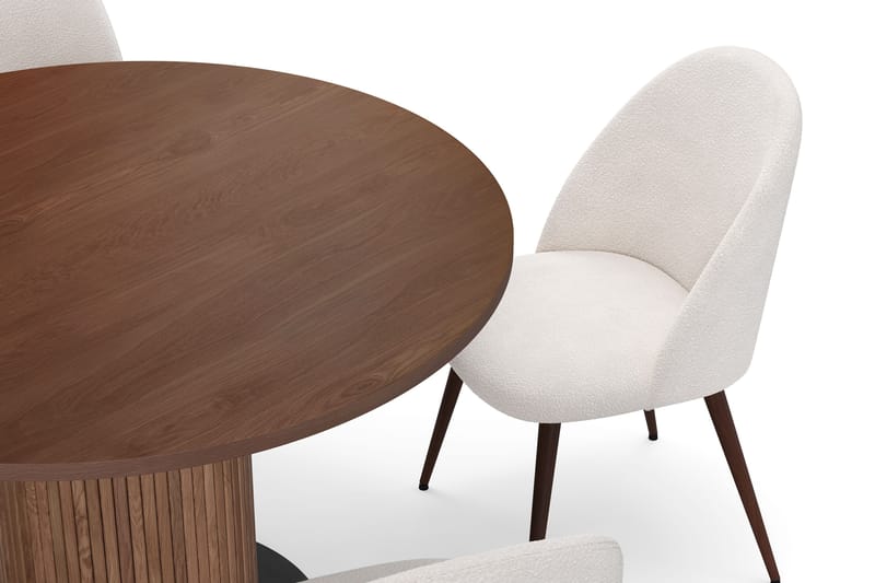 Noira Lite Rundt Spisebord Valnøtt 120 cm med 4 Nibe Plus Spisestoler - Brun / Hvit Bouclé / Metallben Valnøtt - Møbler - Bord - Spisegruppe