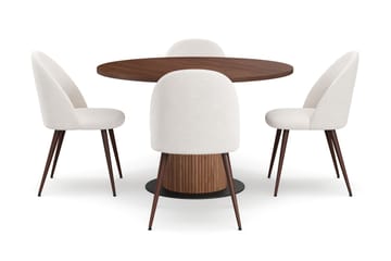 Noira Lite Rundt Spisebord Valnøtt 120 cm med 4 Nibe Plus Spisestoler - Brun / Hvit Bouclé / Metallben Valnøtt - Møbler - Bord - Spisegruppe