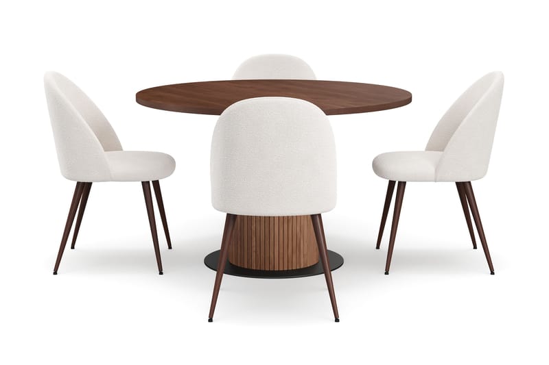 Noira Lite Rundt Spisebord Valnøtt 120 cm med 4 Nibe Plus Spisestoler - Brun / Hvit Bouclé / Metallben Valnøtt - Møbler - Bord - Spisegruppe