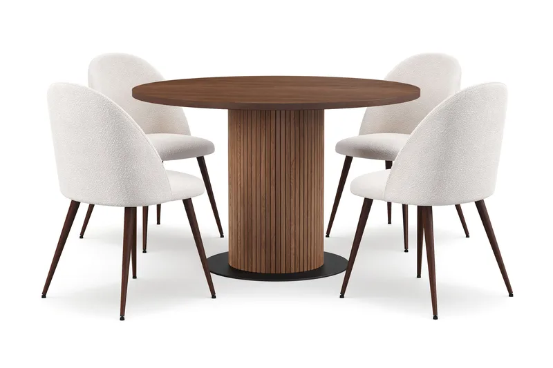 Noira Lite Rundt Spisebord Valnøtt 120 cm med 4 Nibe Plus Spisestoler, Brun / Hvit Bouclé / Metallben Valnøtt