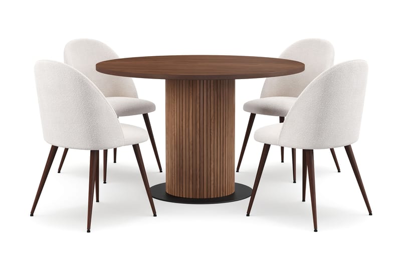 Noira Lite Rundt Spisebord Valnøtt 120 cm med 4 Nibe Plus Spisestoler, Brun / Hvit Bouclé / Metallben Valnøtt