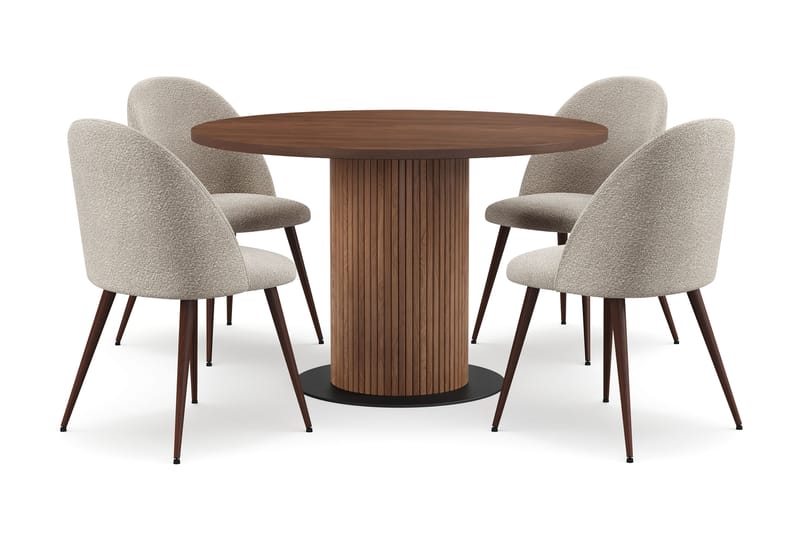 Noira Lite Rundt Spisebord Valnøtt 120 cm med 4 Nibe Plus Spisestoler, Brun / Greige Bouclé / Metallben Valnøtt