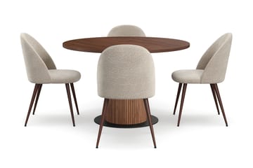 Noira Lite Rundt Spisebord Valnøtt 120 cm med 4 Nibe Plus Spisestoler - Brun / Greige Bouclé / Metallben Valnøtt - Møbler - Bord - Spisegruppe