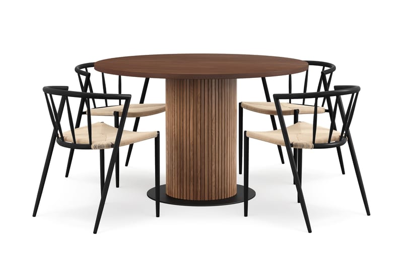 Noira Lite Rundt Spisebord Valnøtt 120 cm med 4 Winston Spisestoler, Brun / Beige / Metallben Svart