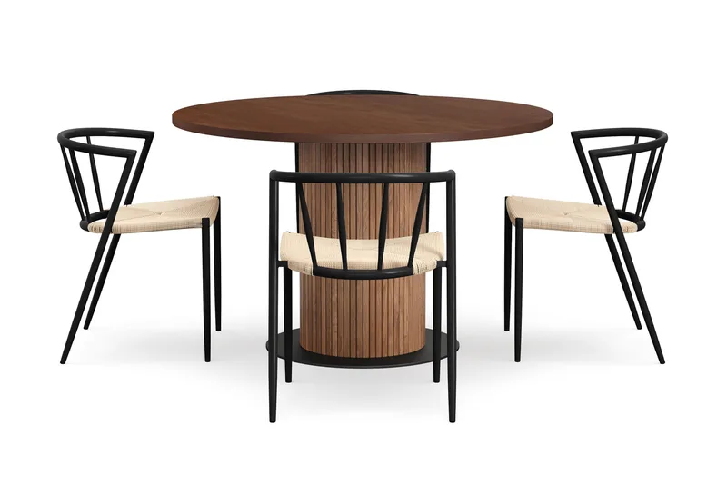 Noira Lite Rundt Spisebord Valnøtt 120 cm med 4 Winston Spisestoler - Brun / Beige / Metallben Svart - Møbler - Bord - Spisegruppe