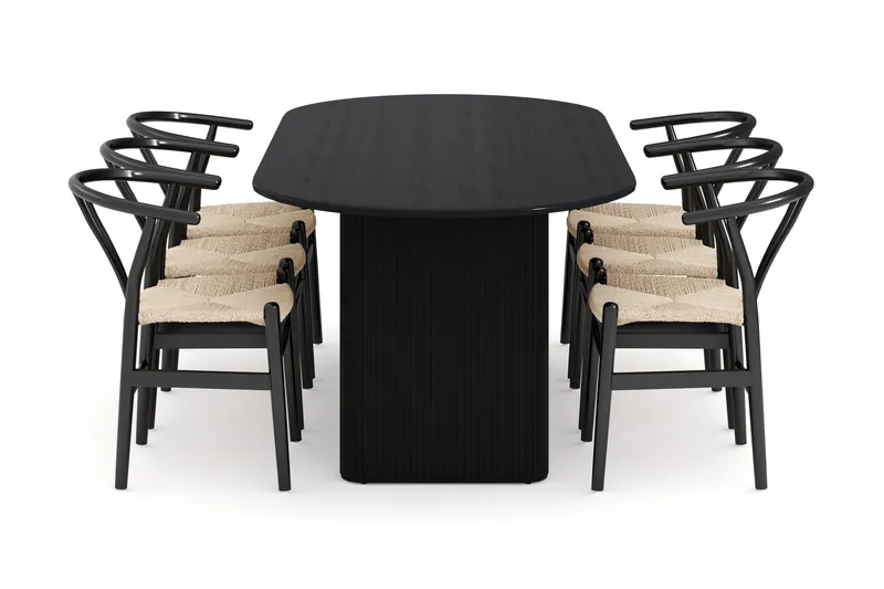 Noira Oval spisegruppe 220 cm i træ med 6 stole - sort - Møbler - Bord - Spisegruppe