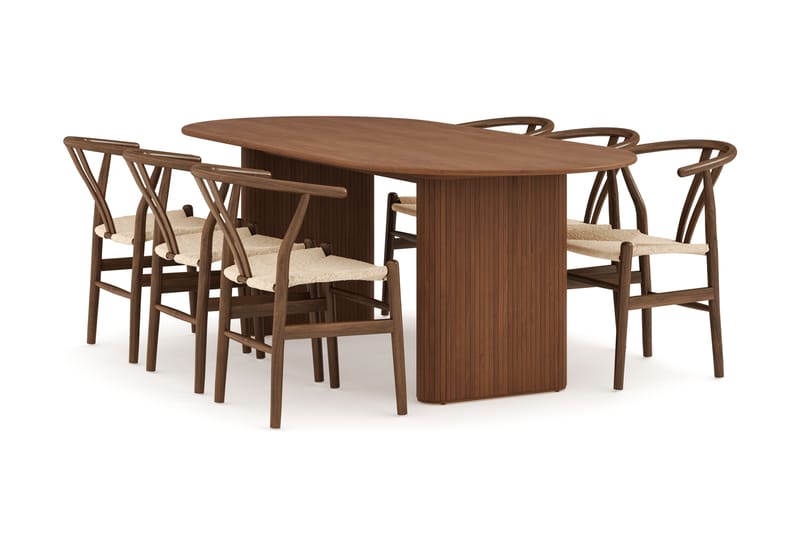 Noira Oval Spisegruppe 220 cm Valnøtt med 6 Dastoori Spisestoler, Brun
