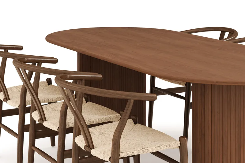 Noira Oval Spisegruppe 220 cm Valnøtt med 6 Dastoori Spisestoler - Ribbet / Natur / Mørkebrun / Brunt Tre - Møbler - Bord - Spisegruppe
