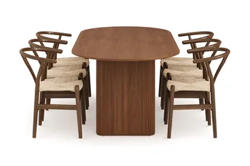 Noira Oval Spisegruppe 220 cm Valnøtt med 6 Dastoori Spisestoler - Ribbet / Natur / Mørkebrun / Brunt Tre - Møbler - Bord - Spisegruppe