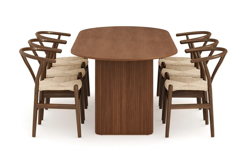 Noira Oval Spisegruppe 220 cm Valnøtt med 6 Dastoori Spisestoler - Ribbet / Natur / Mørkebrun / Brunt Tre - Møbler - Bord - Spisegruppe