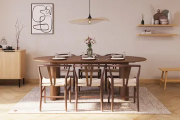 Noira Oval Spisegruppe 220 cm Valnøtt med 6 Dastoori Spisestoler - Ribbet / Natur / Mørkebrun / Brunt Tre - Møbler - Bord - Spisegruppe