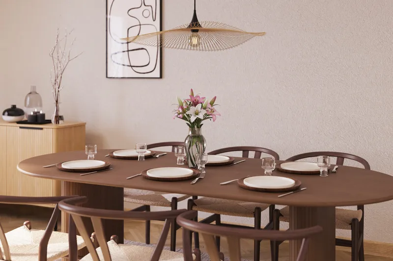 Noira Oval Spisegruppe 220 cm Valnøtt med 6 Dastoori Spisestoler - Ribbet / Natur / Mørkebrun / Brunt Tre - Møbler - Bord - Spisegruppe