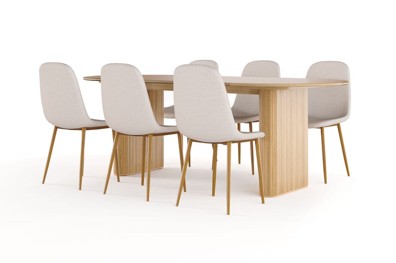 Noira Ovalt Spisebord 220 cm Eik + 6 Nibe stol beige med eikeben, Natur/Beige
