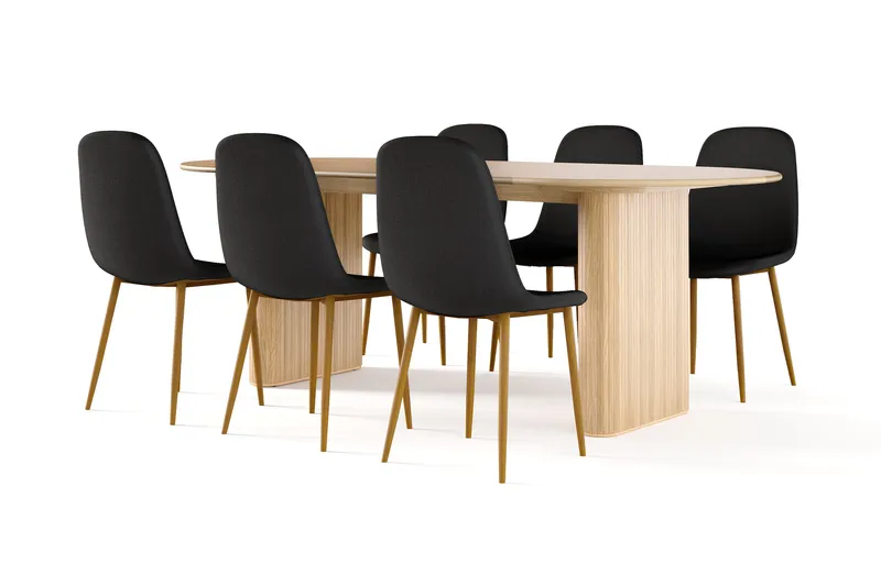 Noira Ovalt Spisebord 220 cm Eik + 6 Nibe stol svart med eikeben, Natur/Svart