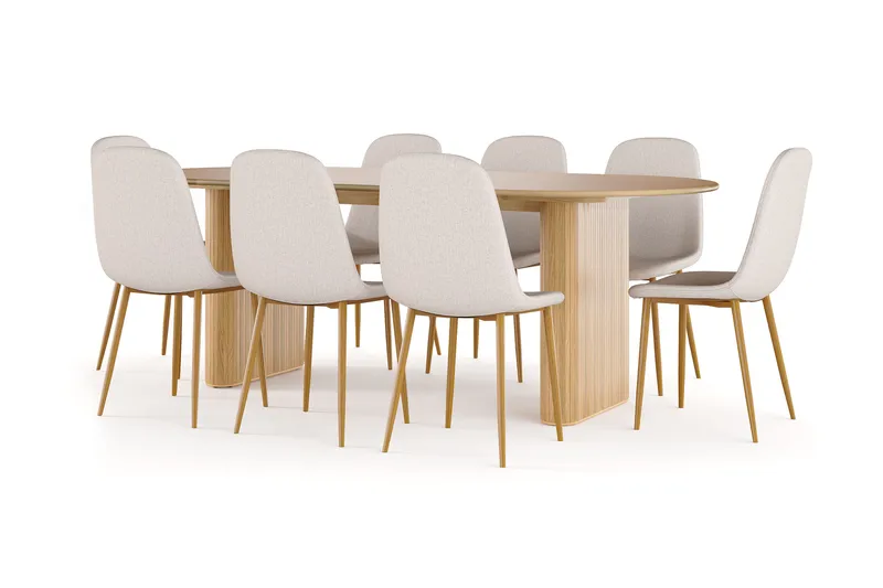 Noira Ovalt Spisebord 220 cm Eik + 8 Nibe stol beige med eikeben, Natur/Beige