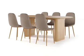 Noira Ovalt Spisebord 220 cm Eik + 8 Nibe stol brun med eikeben - Natur/Brun - Møbler - Bord - Spisegruppe