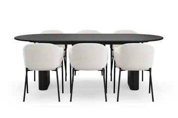 Noira Ovalt Spisebord 220 cm med 6 Filip Spisestoler - Svart / Hvit Bouclé - Møbler - Bord - Spisegruppe