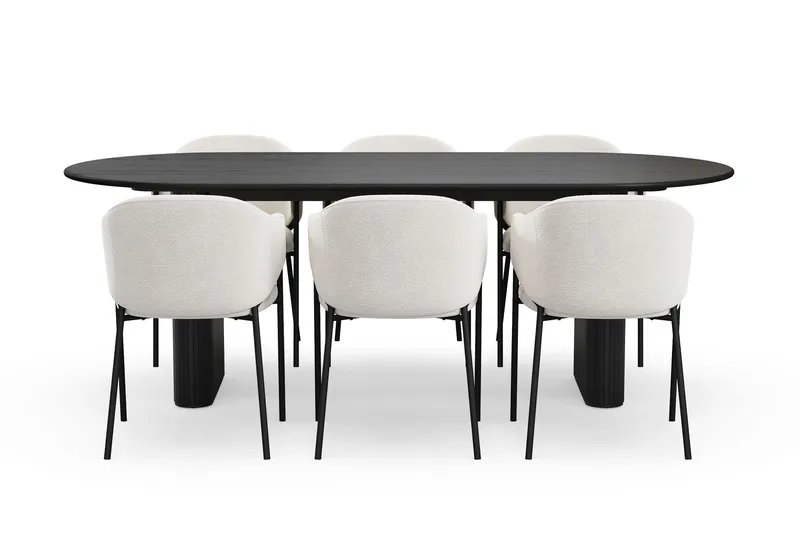 Noira Ovalt Spisebord 220 cm med 6 Filip Spisestoler - Svart / Hvit Bouclé - Møbler - Bord - Spisegruppe