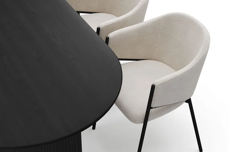 Noira Ovalt Spisebord 220 cm med 6 Filip Spisestoler - Svart / Hvit Bouclé - Møbler - Bord - Spisegruppe