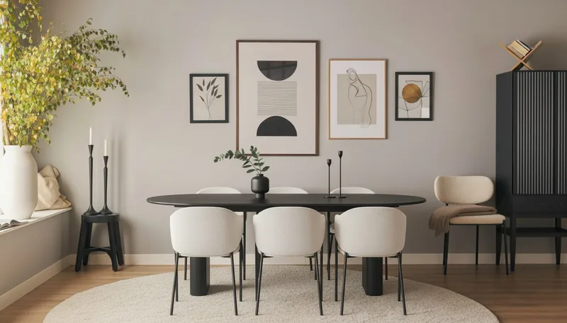 Noira Ovalt Spisebord 220 cm med 6 Filip Spisestoler - Svart / Hvit Bouclé - Møbler - Bord - Spisegruppe