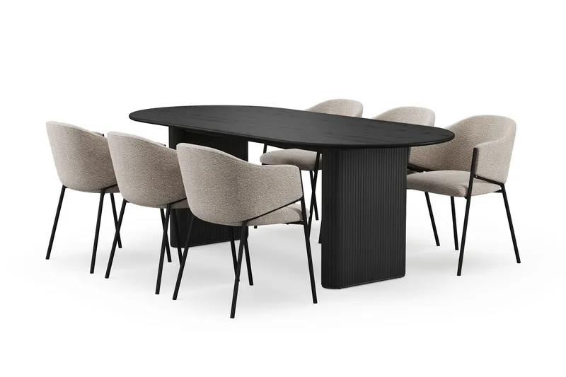 Noira Ovalt Spisebord 220 cm med 6 Filip Spisestoler, Svart / Taupe Bouclé
