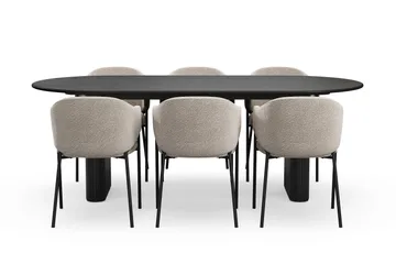 Noira Ovalt Spisebord 220 cm med 6 Filip Spisestoler - Svart / Taupe Bouclé - Møbler - Bord - Spisegruppe