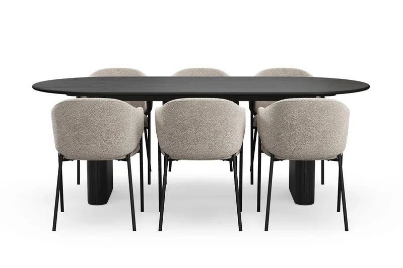 Noira Ovalt Spisebord 220 cm med 6 Filip Spisestoler - Svart / Taupe Bouclé - Møbler - Bord - Spisegruppe