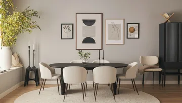 Noira Ovalt Spisebord 220 cm med 6 Greya Spisestoler med armlener - Svart / Hvit Bouclé / Metallben Valnøtt - Møbler - Bord - Spisegruppe