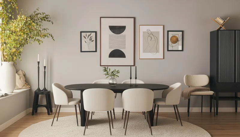 Noira Ovalt Spisebord 220 cm med 6 Greya Spisestoler med armlener - Svart / Hvit Bouclé / Metallben Valnøtt - Møbler - Bord - Spisegruppe