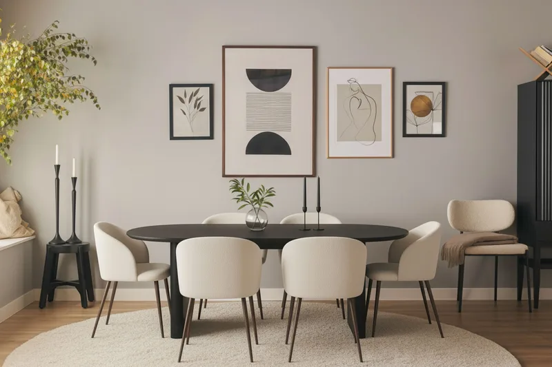 Noira Ovalt Spisebord 220 cm med 6 Greya Spisestoler med armlener - Svart / Hvit Bouclé / Metallben Valnøtt - Møbler - Bord - Spisegruppe