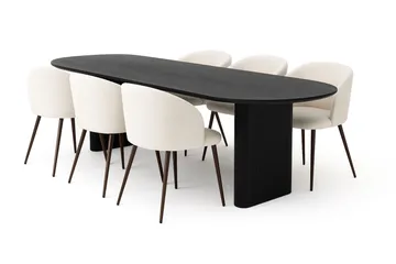 Noira Ovalt Spisebord 220 cm med 6 Greya Spisestoler med armlener - Svart / Hvit Bouclé / Metallben Valnøtt - Møbler - Bord - Spisegruppe