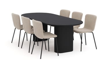 Noira Ovalt Spisebord 220 cm med 6 Katy Spisestoler - Svart / Greige Bouclé / Metallben Svart - Møbler - Bord - Spisegruppe
