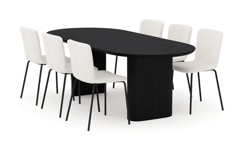 Noira Ovalt Spisebord 220 cm med 6 Katy Spisestoler, Svart / Hvit Bouclé / Metallben Svart