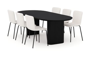 Noira Ovalt Spisebord 220 cm med 6 Katy Spisestoler - Svart / Hvit Bouclé / Metallben Svart - Møbler - Bord - Spisegruppe