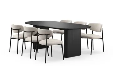 Noira Ovalt Spisebord 220 cm med 6 Lucy Spisestoler - Svart / Greige Bouclé / Metallben Svart - Møbler - Bord - Spisegruppe