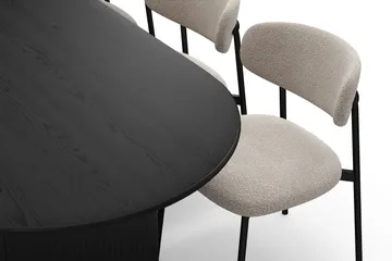 Noira Ovalt Spisebord 220 cm med 6 Lucy Spisestoler - Svart / Greige Bouclé / Metallben Svart - Møbler - Bord - Spisegruppe