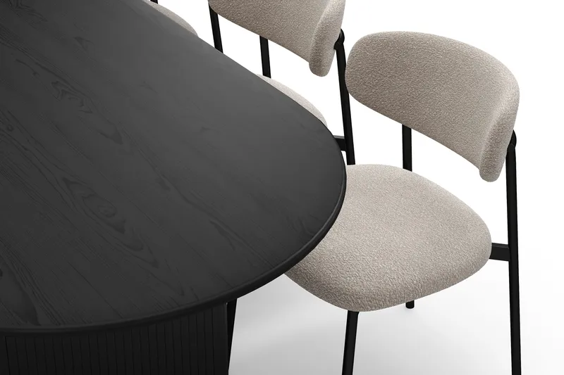 Noira Ovalt Spisebord 220 cm med 6 Lucy Spisestoler - Svart / Greige Bouclé / Metallben Svart - Møbler - Bord - Spisegruppe