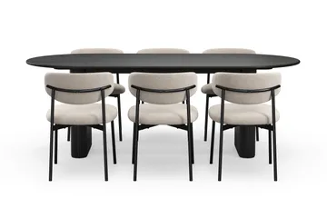Noira Ovalt Spisebord 220 cm med 6 Lucy Spisestoler - Svart / Greige Bouclé / Metallben Svart - Møbler - Bord - Spisegruppe