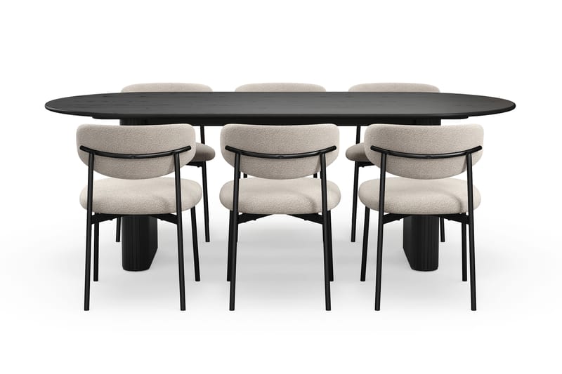 Noira Ovalt Spisebord 220 cm med 6 Lucy Spisestoler - Svart / Greige Bouclé / Metallben Svart - Møbler - Bord - Spisegruppe
