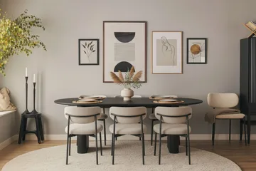 Noira Ovalt Spisebord 220 cm med 6 Lucy Spisestoler - Svart / Greige Bouclé / Metallben Svart - Møbler - Bord - Spisegruppe