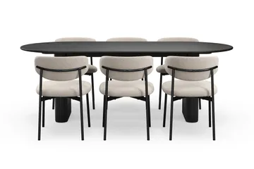 Noira Ovalt Spisebord 220 cm med 6 Lucy Spisestoler - Svart / Greige Bouclé / Metallben Svart - Møbler - Bord - Spisegruppe